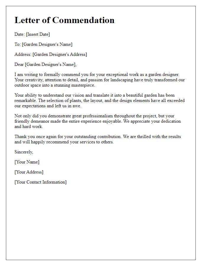 Letter template of commendation for a skilled garden designer