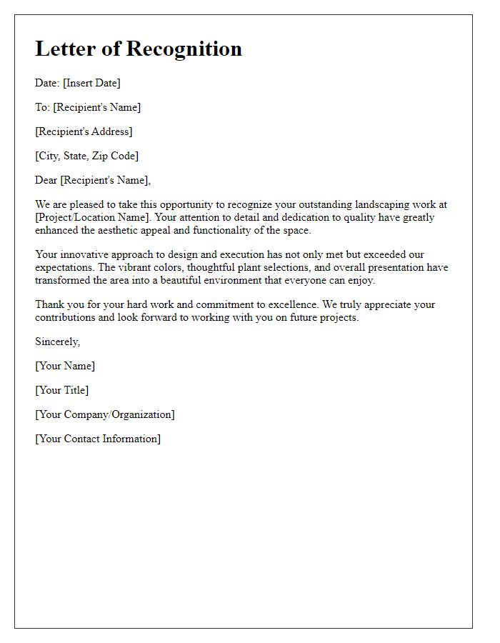 Letter template of recognition for outstanding landscaping work