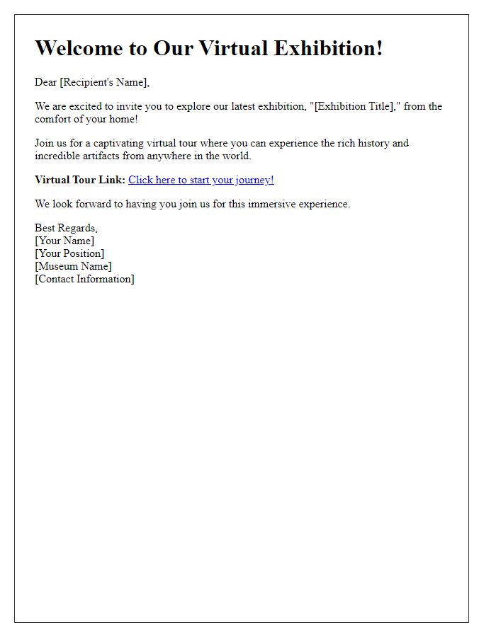 Letter template of virtual tour link for museum exhibitions.