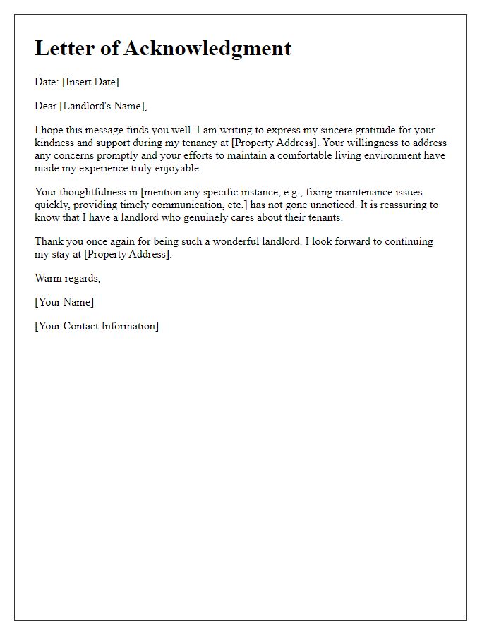 Letter template of acknowledgment for a kind landlord