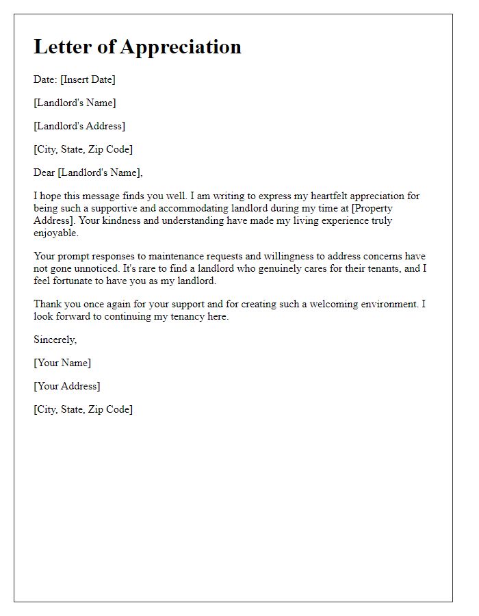 Letter template of appreciation for a supportive landlord