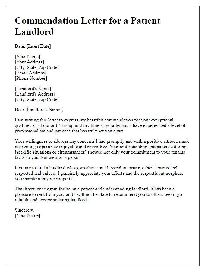 Letter template of commendation for a patient landlord