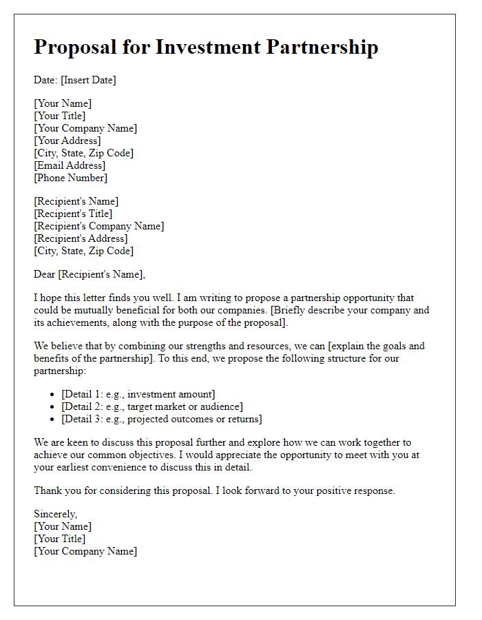 Letter template of proposal for investment partnership