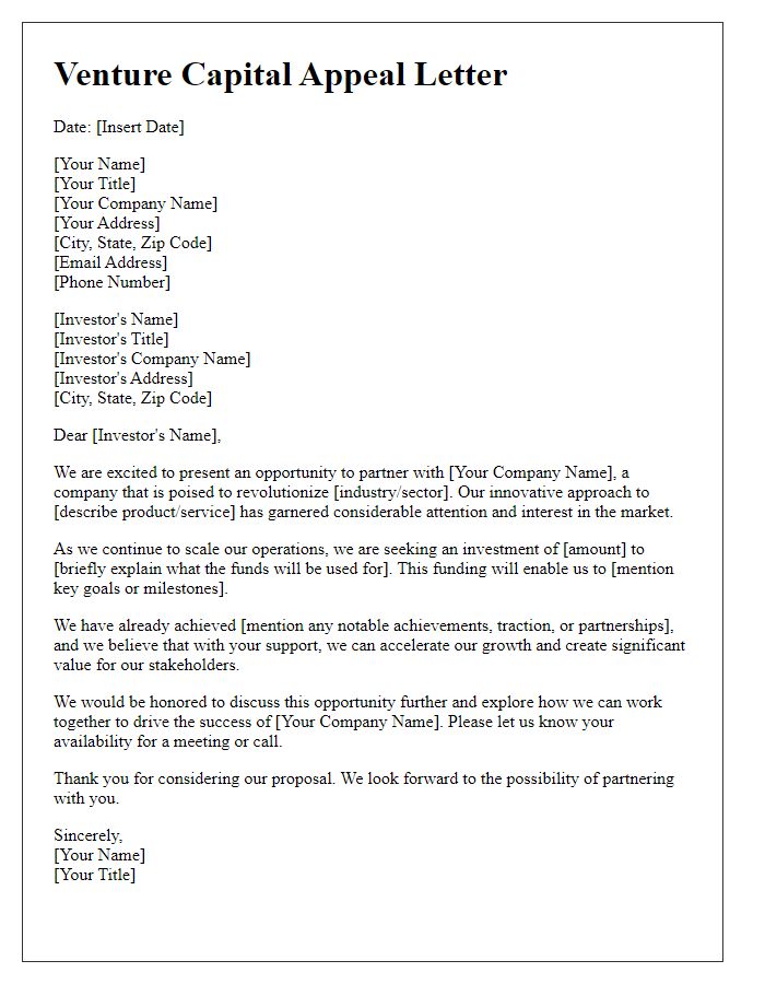 Letter template of venture capital appeal