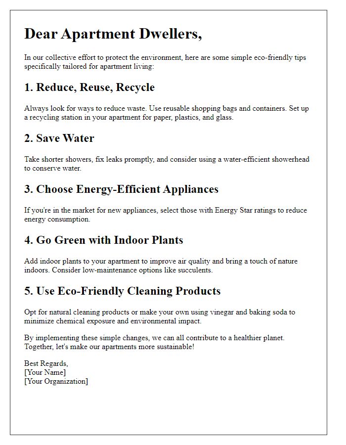 Letter template of eco-friendly tips for apartment dwellers