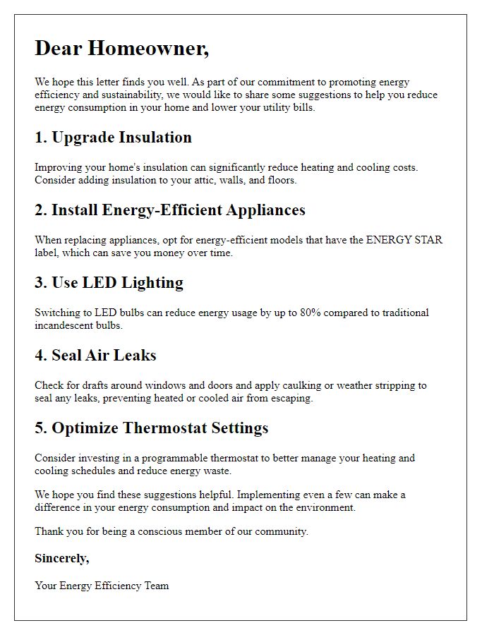 Letter template of energy efficiency suggestions for homeowners