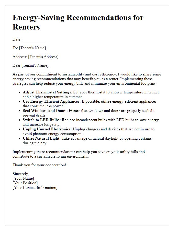 Letter template of energy-saving recommendations for renters