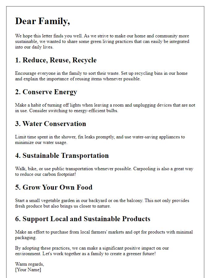 Letter template of green living practices for families