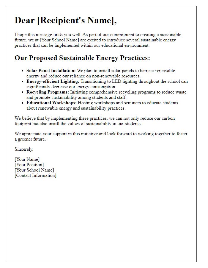 Letter template of sustainable energy practices for schools