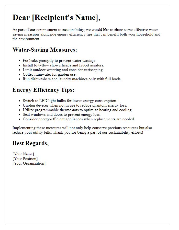 Letter template of water-saving measures alongside energy efficiency tips