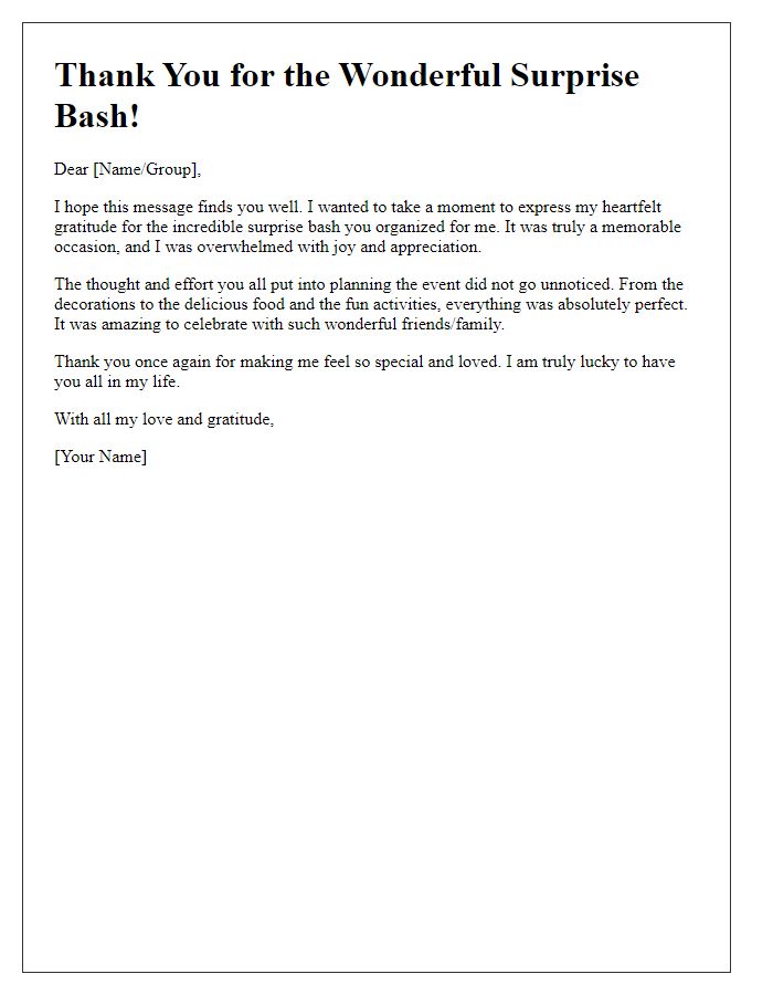 Letter template of acknowledgment for a wonderful surprise bash.