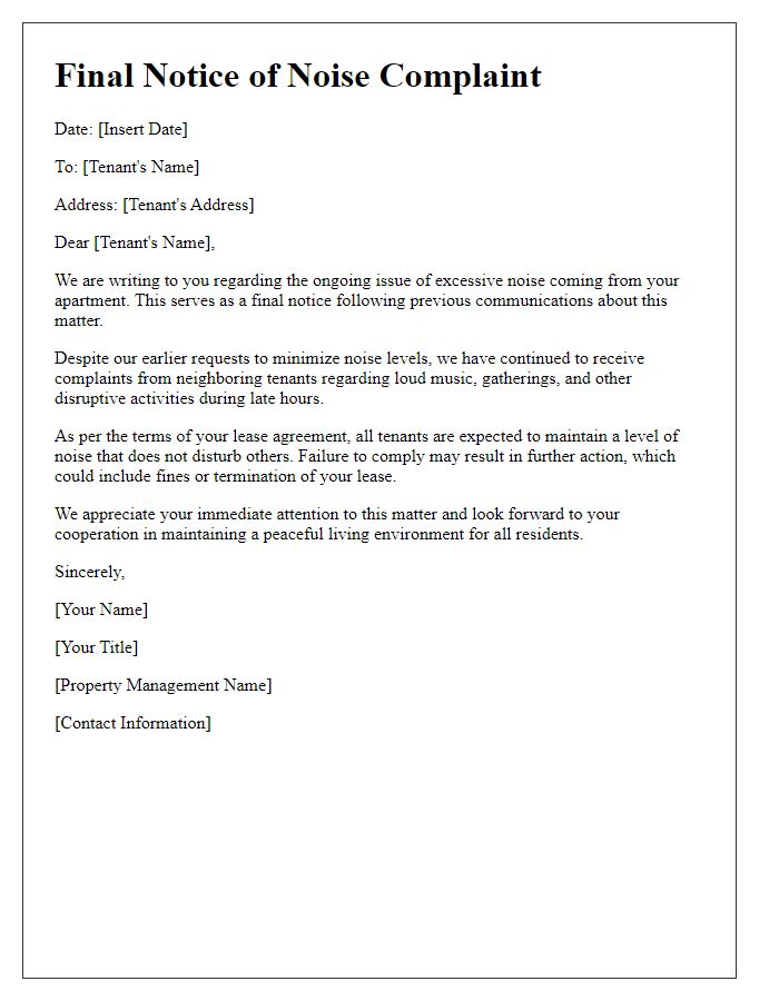 Letter template of final notice on noise complaint to tenant