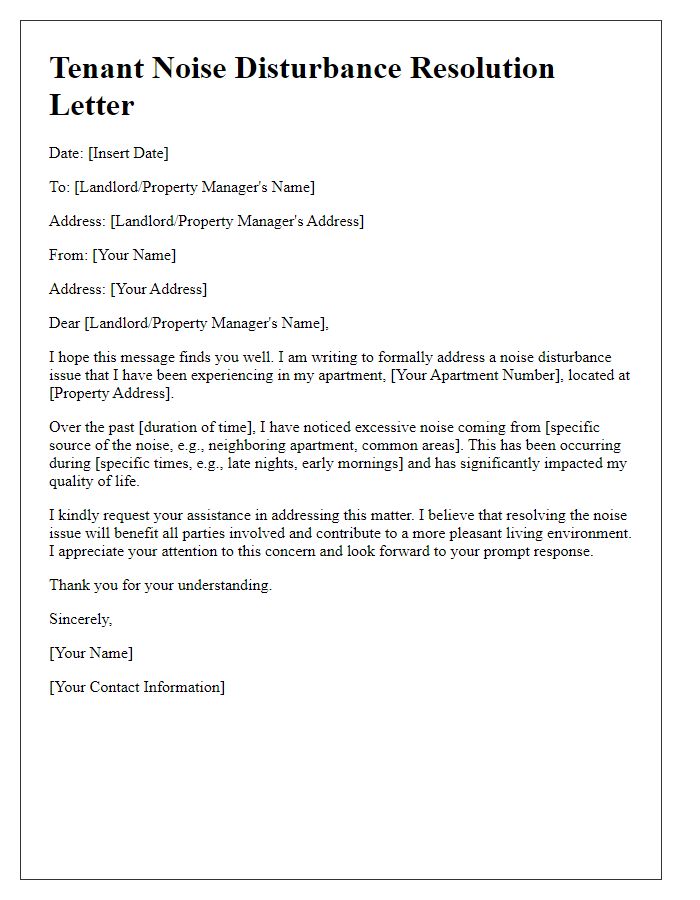 Letter template of tenant noise disturbance resolution