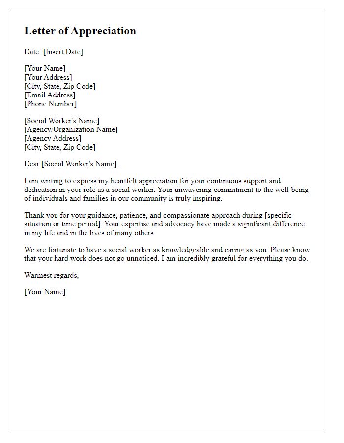 Letter template of appreciation for a social worker's continuous support