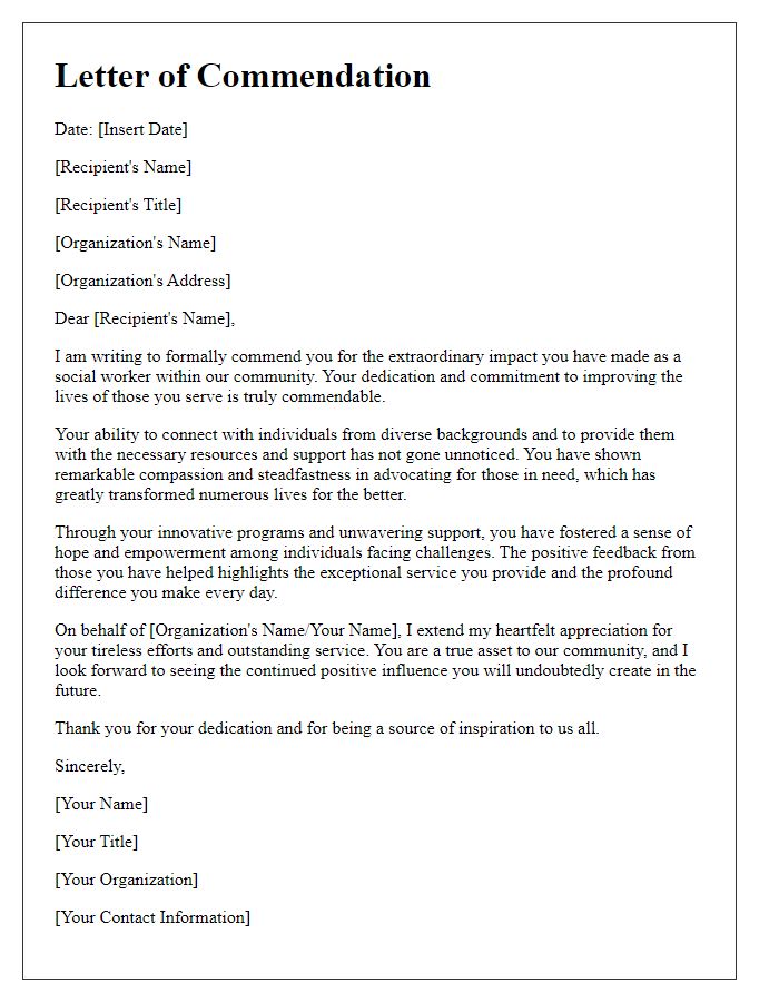 Letter template of commendation for an outstanding social workers impact