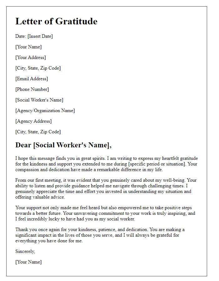 Letter template of gratitude for the kindness of a social worker