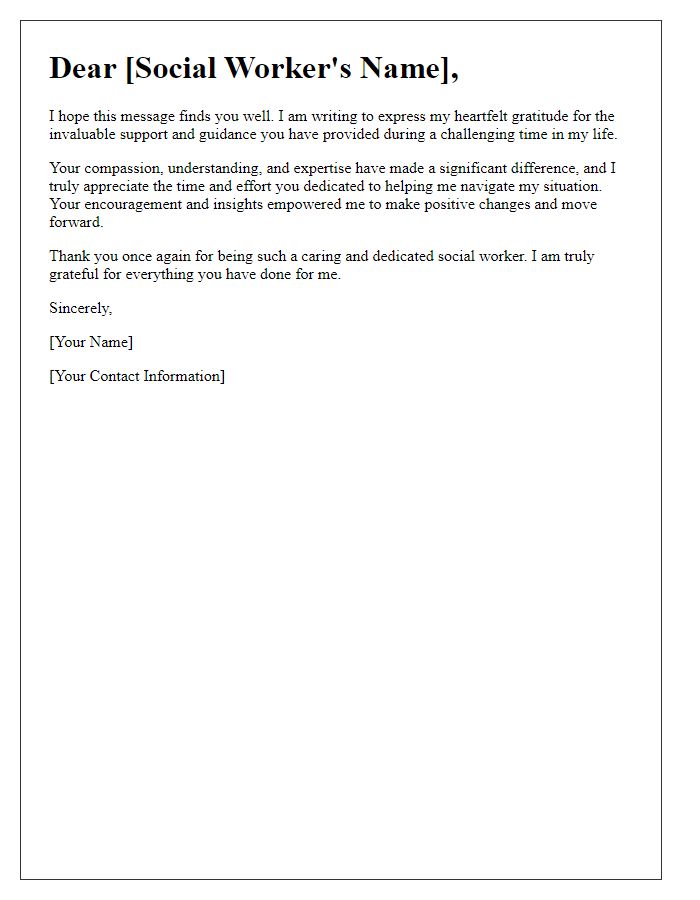 Letter template of thanks to a caring social worker for their guidance