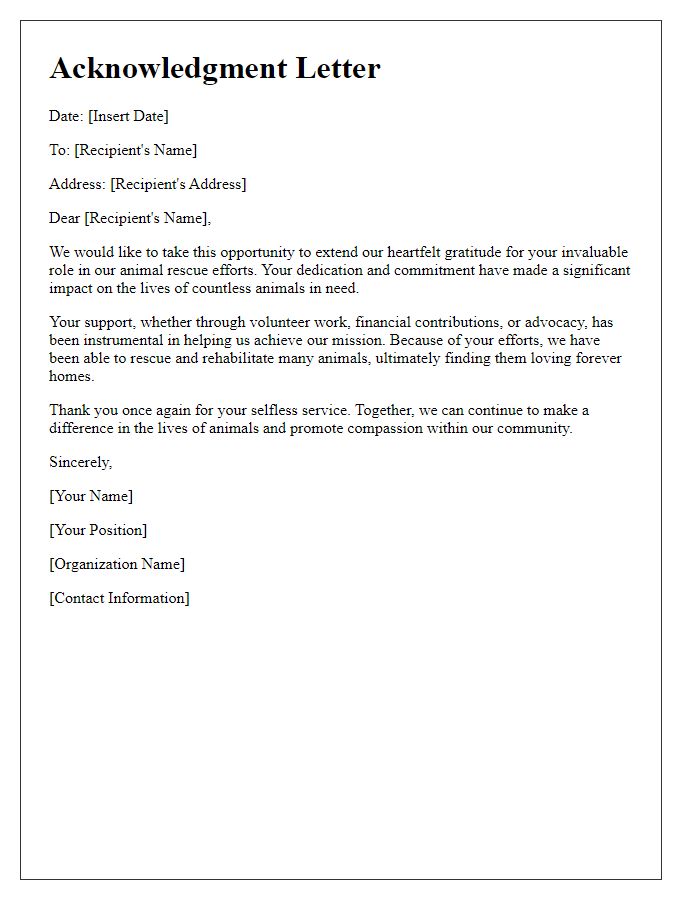 Letter template of acknowledgment for your role in animal rescue.