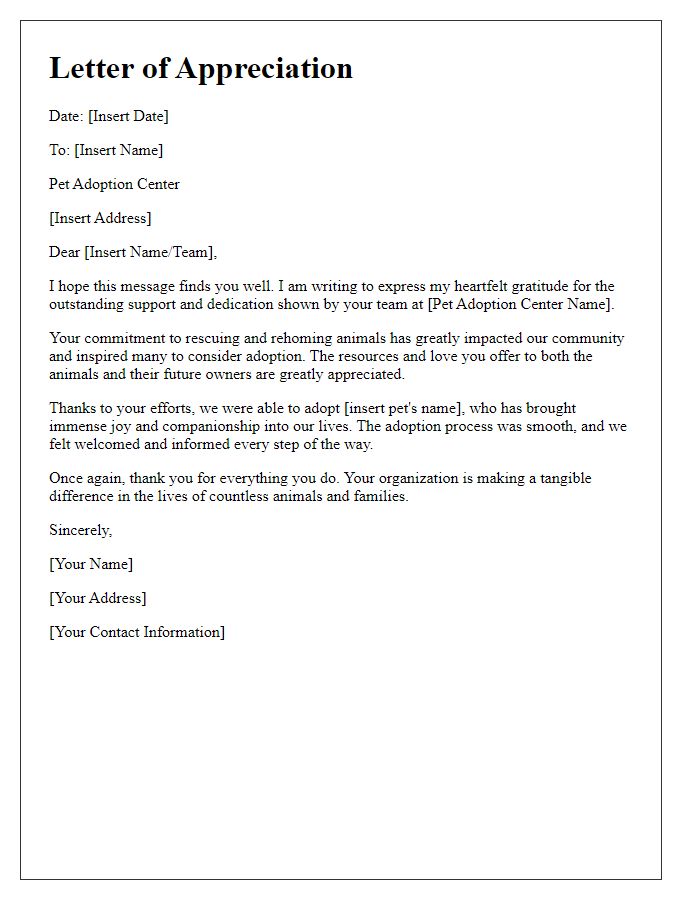 Letter template of appreciation for pet adoption center support.