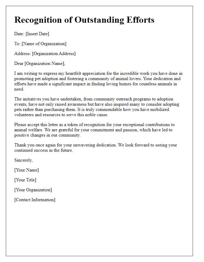 Letter template of recognition for the efforts of the pet adoption organization.