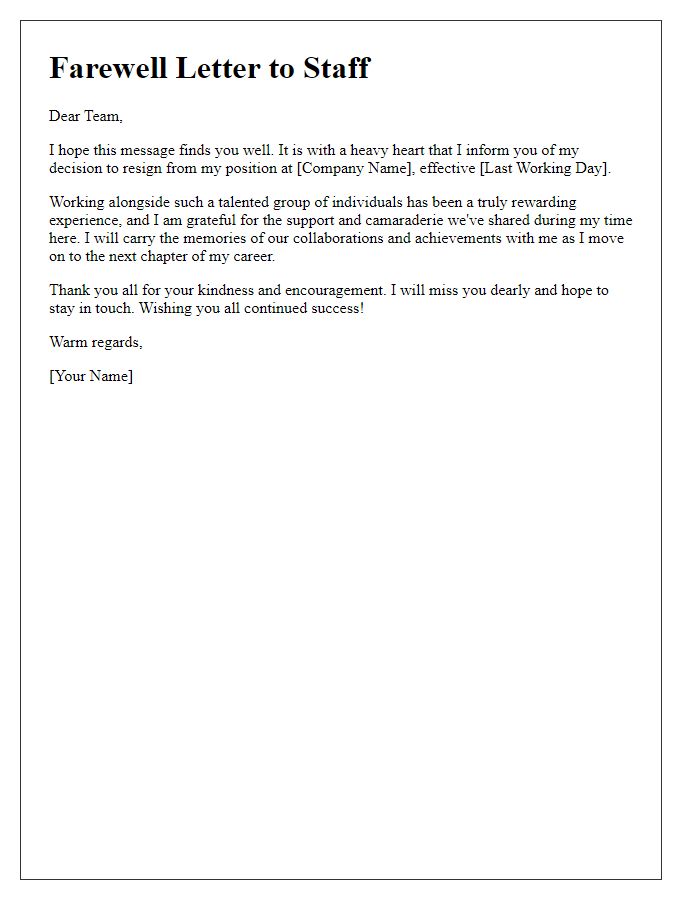 Letter template of brief resignation farewell to staff.