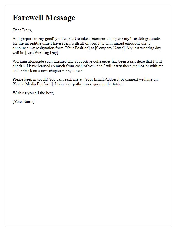 Letter template of casual resignation farewell to coworkers.