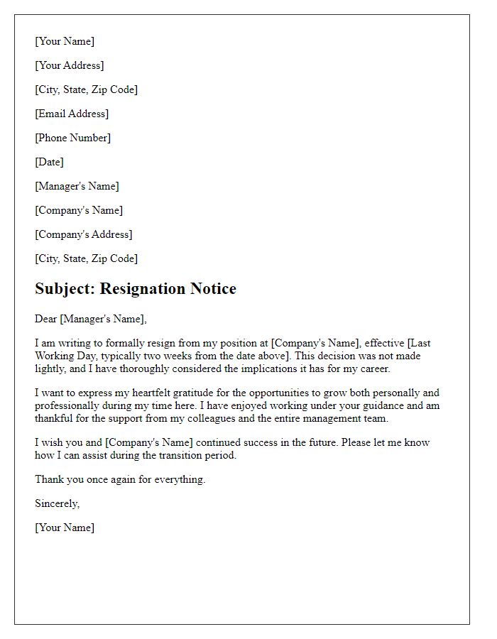 Letter template of formal resignation farewell to management.