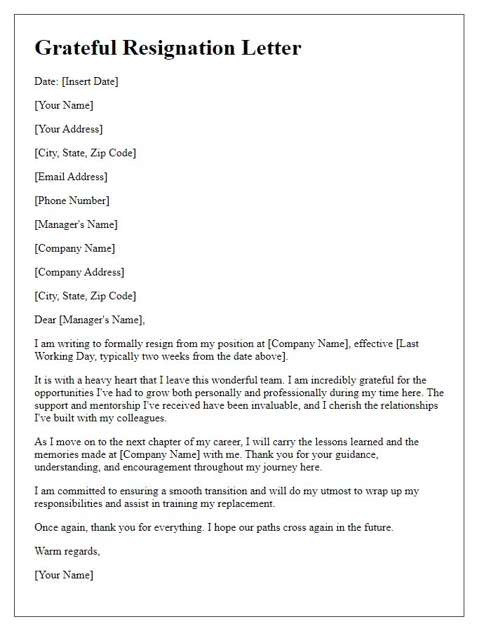 Letter template of grateful resignation farewell to the workplace.