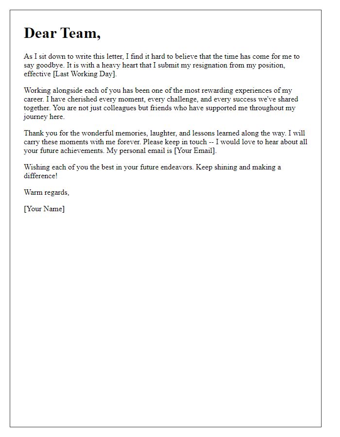 Letter template of heartfelt resignation farewell to team.