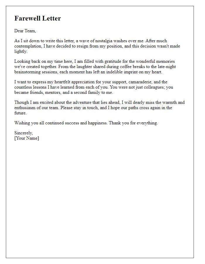 Letter template of nostalgic resignation farewell to colleagues.