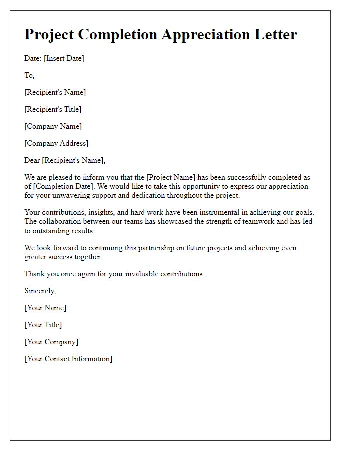 Letter template of project completion appreciation letter.