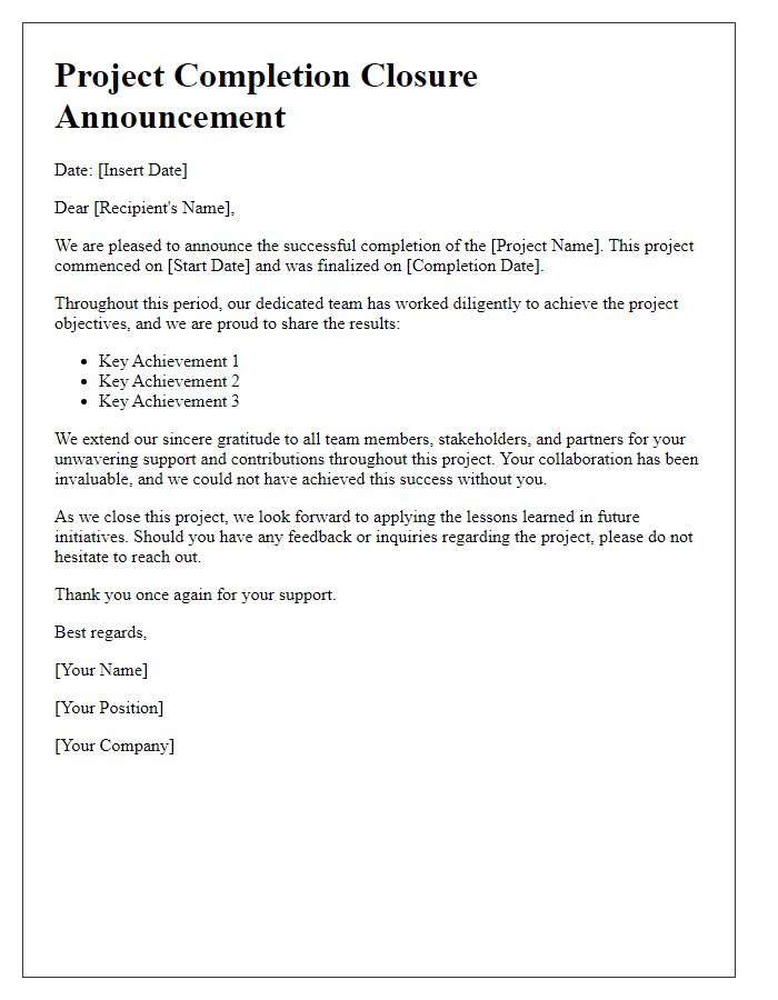 Letter template of project completion closure announcement.