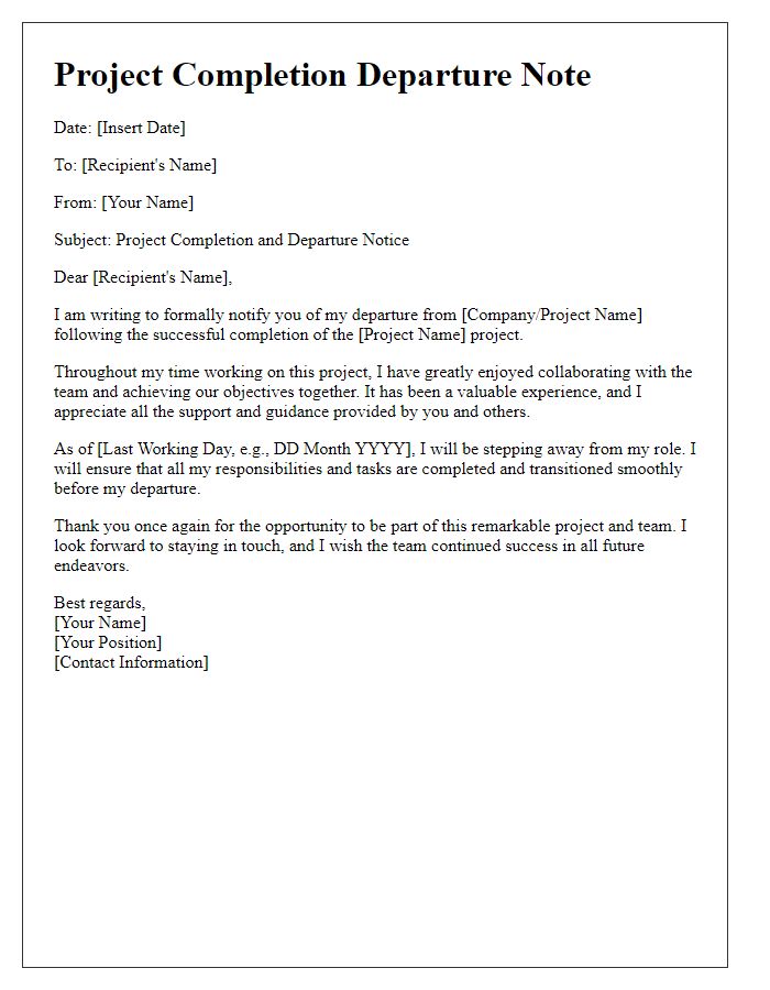 Letter template of project completion departure note.