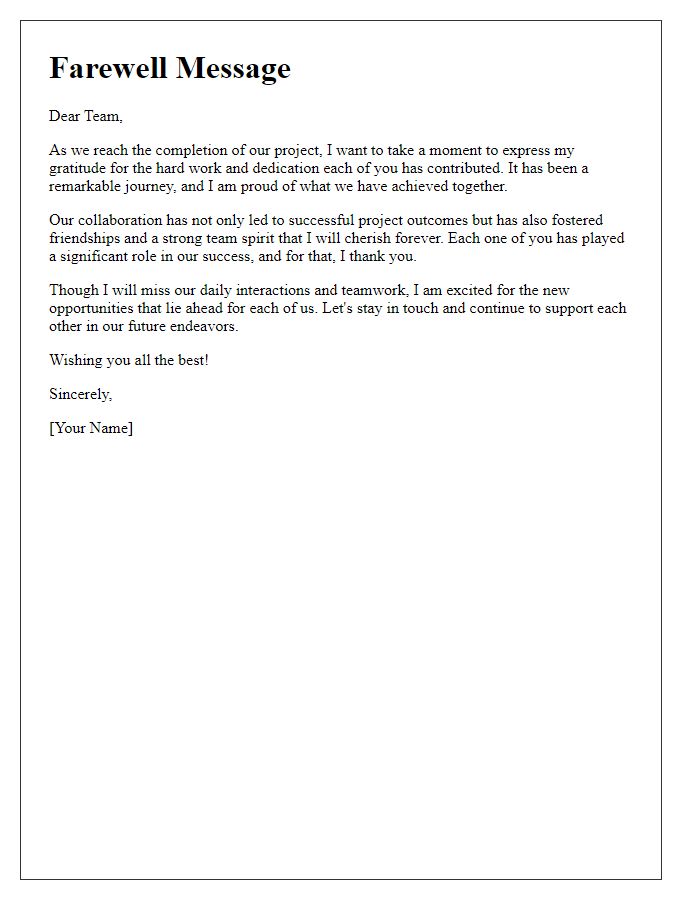 Letter template of project completion farewell message.