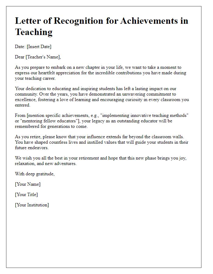 Letter template of recognition for achievements in teaching upon retirement