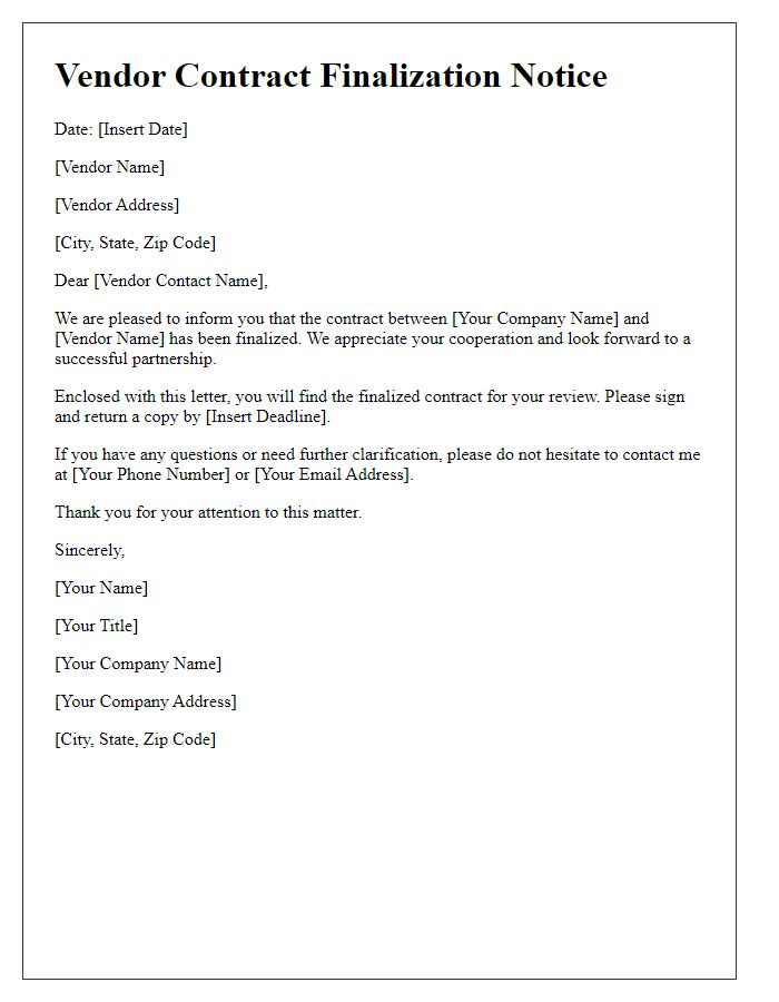 Letter template of vendor contract finalization notice