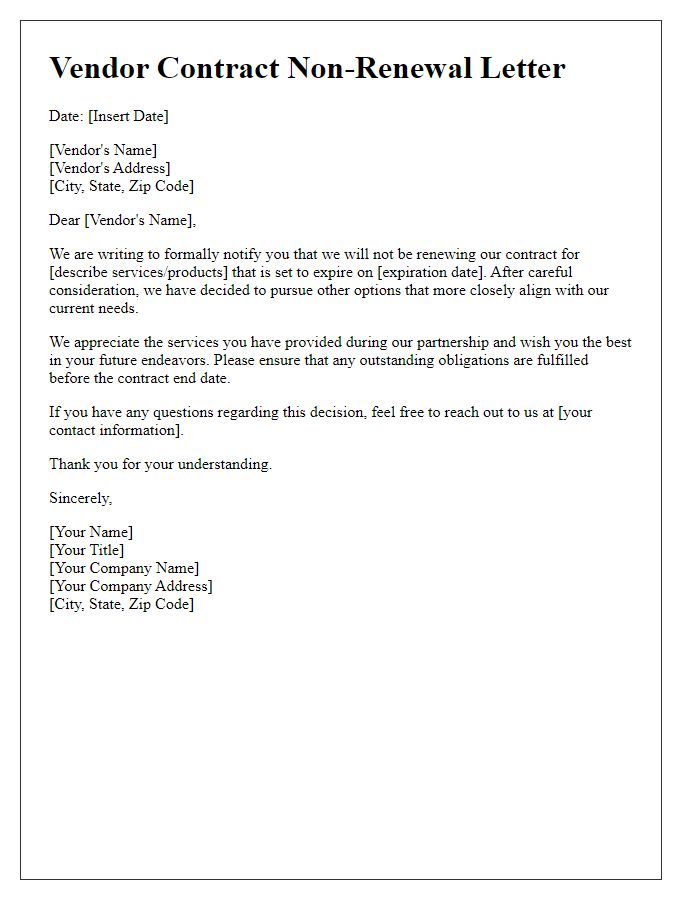 Letter template of vendor contract non-renewal