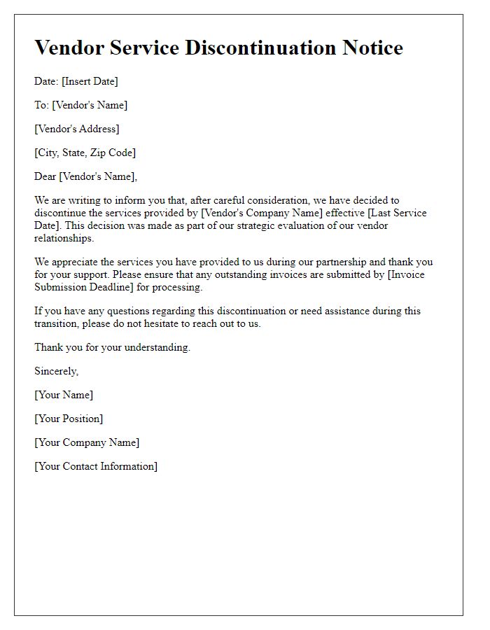 Letter template of vendor service discontinuation