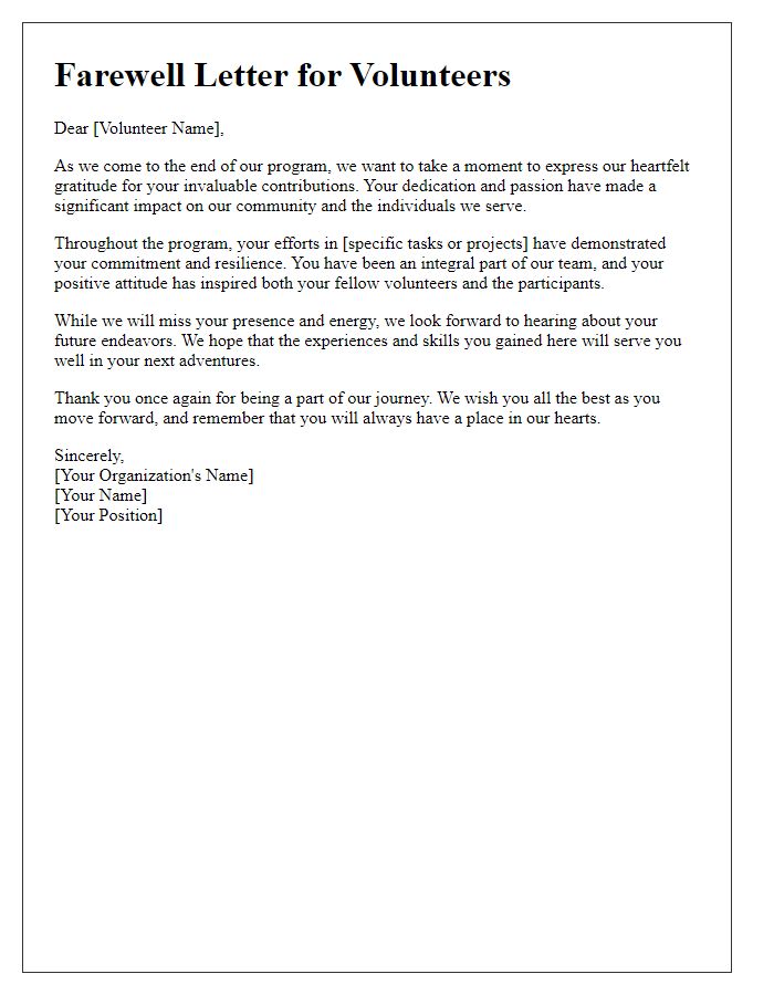 Letter template of program completion farewell for volunteers.