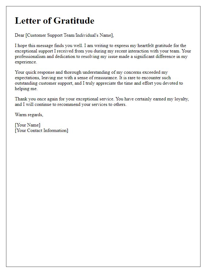 Letter template of gratitude for outstanding customer support