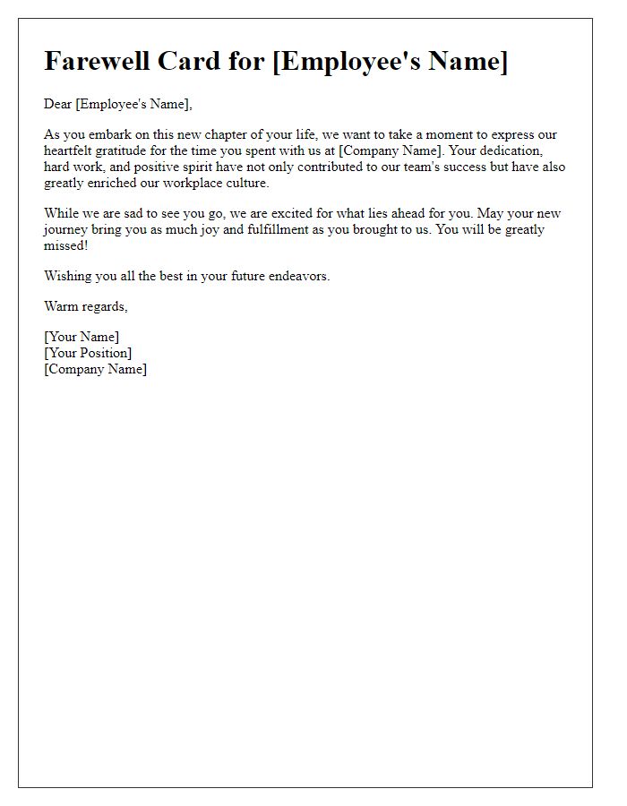 Letter template of farewell card for a valued employee