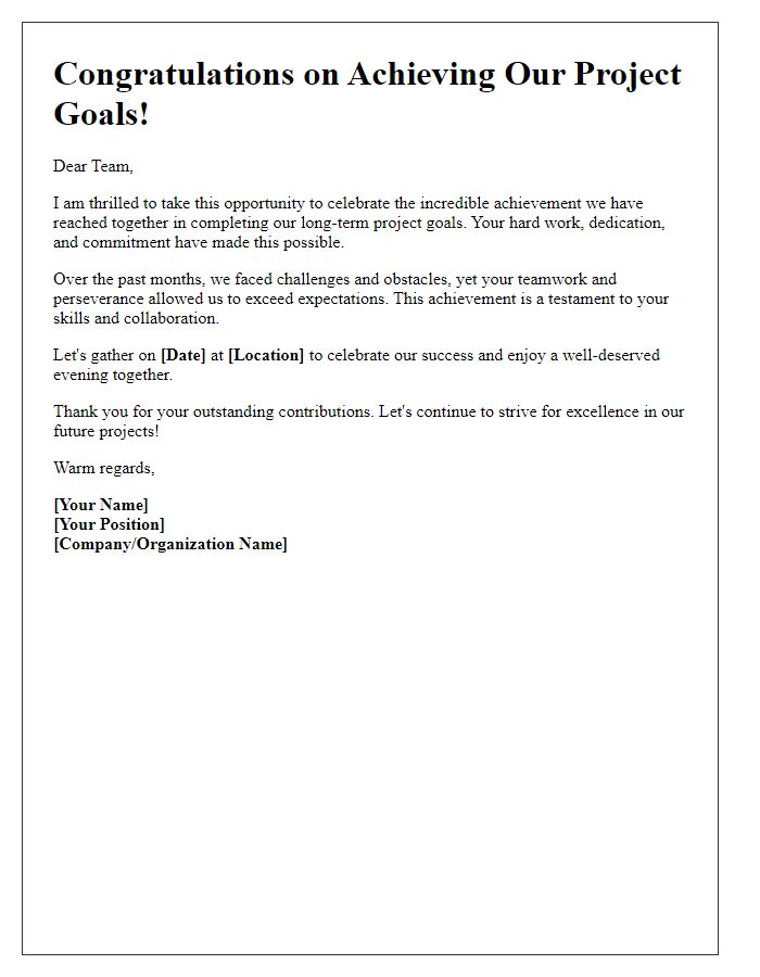 Letter template of celebration for achieving long-term project goals.