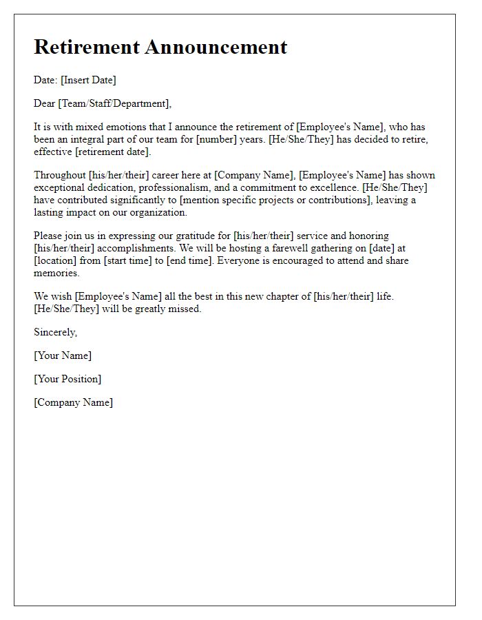 Letter template of formal retirement announcement for a dedicated employee.