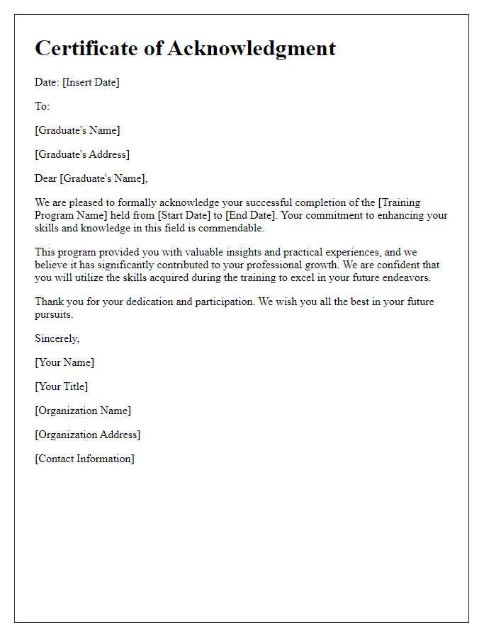 Letter template of acknowledgment for training program graduates