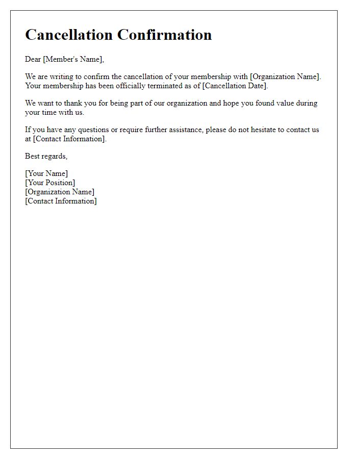 Letter template of cancellation confirmation for organizational membership