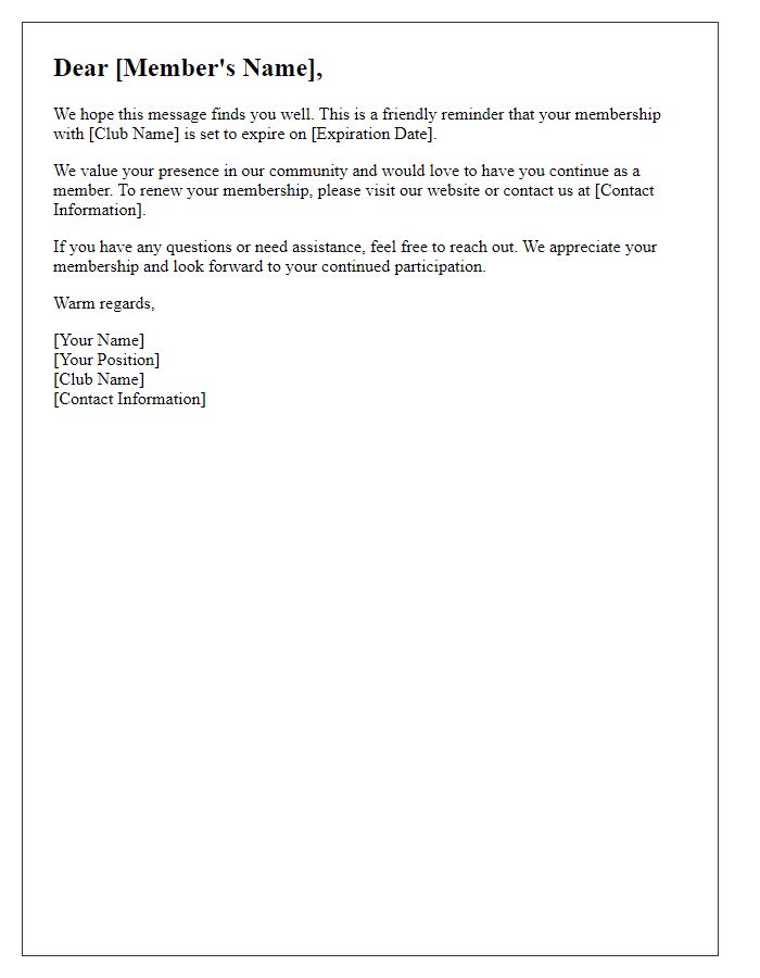 Letter template of end of membership reminder for clubs