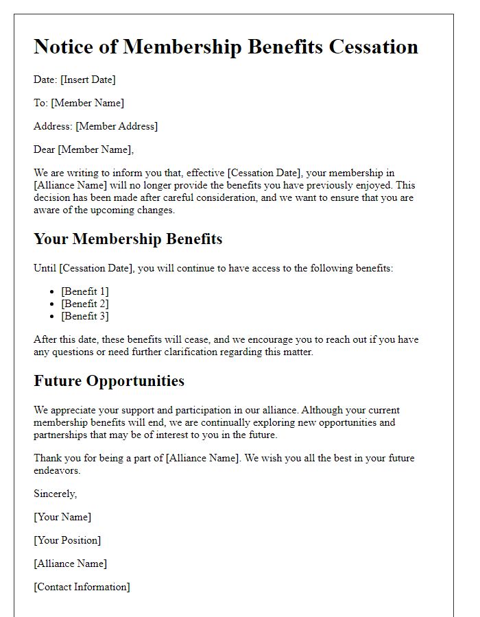 Letter template of membership benefits cessation for alliances