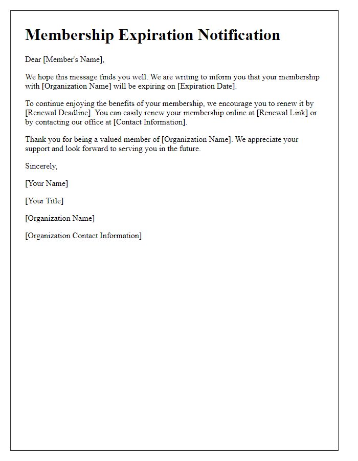 Letter template of membership expiration notification for organizations