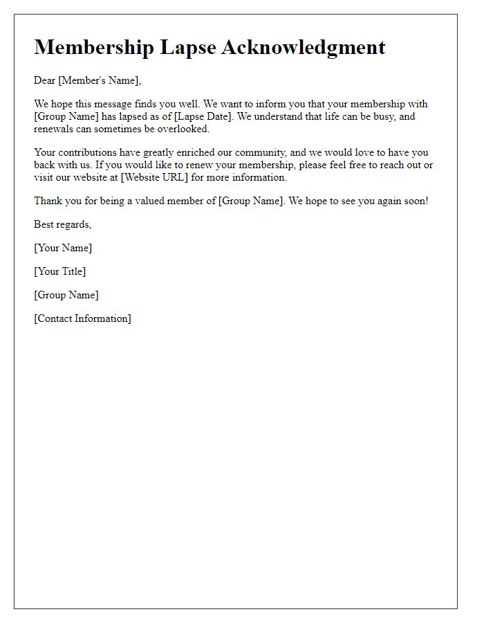 Letter template of membership lapse acknowledgment for groups