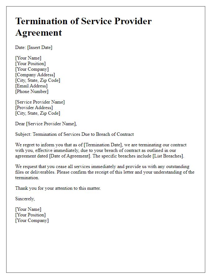 Letter template of service provider termination due to breach of contract